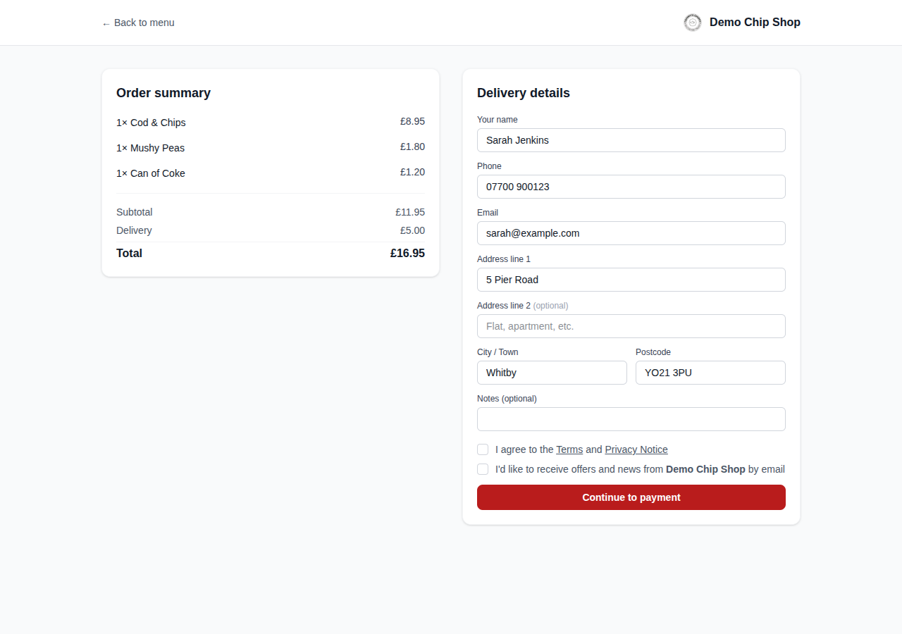 The IndieMenu checkout showing the order summary and delivery details form