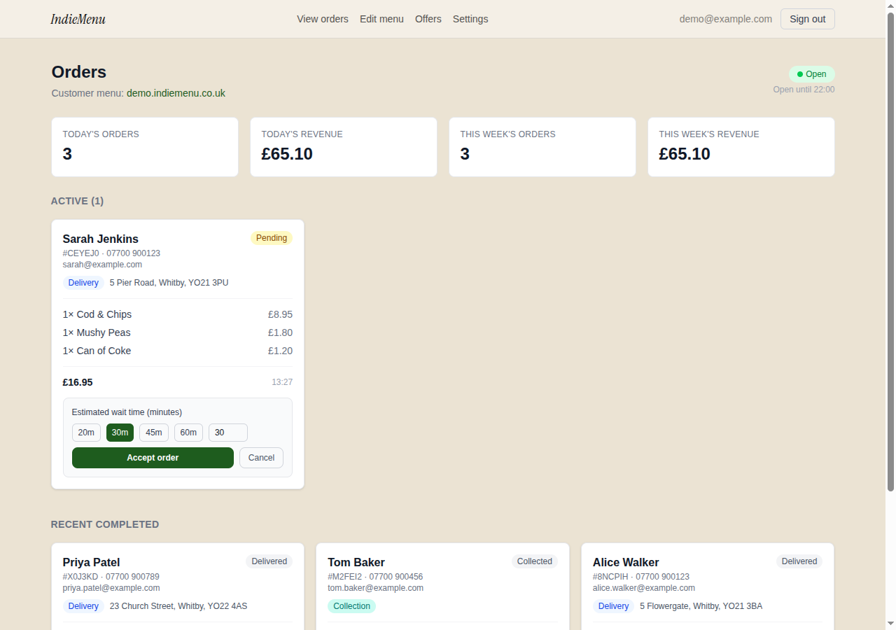 Accepting an order on the dashboard and choosing a 30 minute estimated wait time