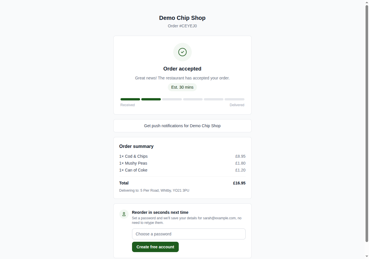 The live order status page showing the order accepted with an estimated 30 minute wait